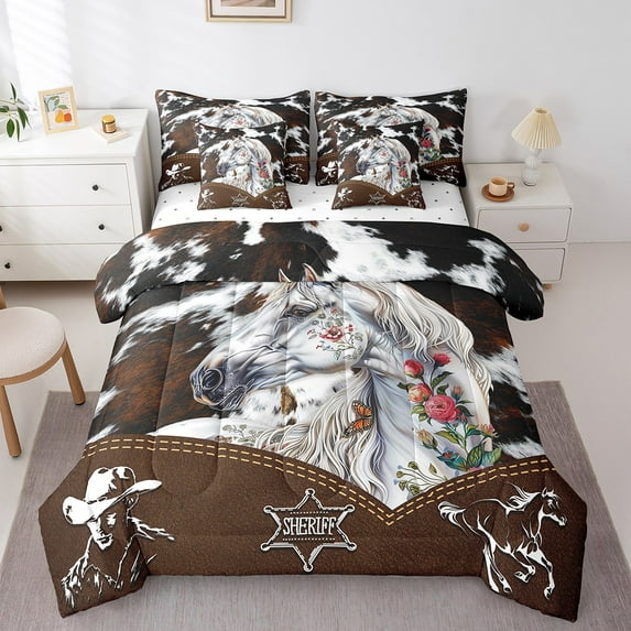 Erosebridal Floral Horse Bedding Queen Size,Cow Print Bedding Sets Queen Size,Butterfly Flower Comforter Sets with Sheets,Super Cozy Western Room Decorative,Reversible,7 Pieces