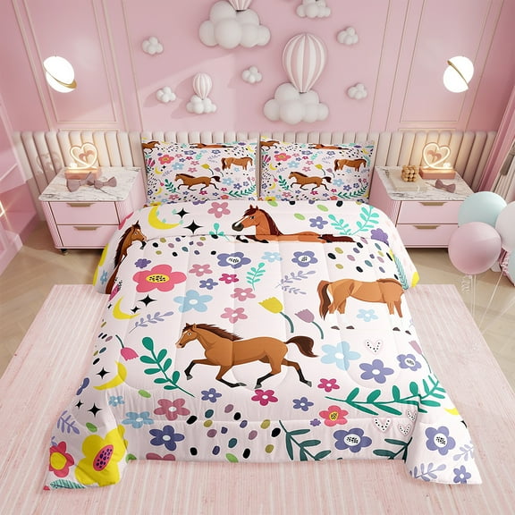 Erosebridal Floral Horse Comforter Twin Size,Gallping Horse Comforter Set Teens ,Cartoon Animal Bedding Set Printed Comforter with 1 Pillowcase,Down Alternative,(Pink锛孴win Size)