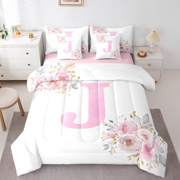 Erosebridal Floral Initial Letter J Bedding Full Size, Monogrammed Bed in a Bag Full size, Anniversary Decor, Reversible