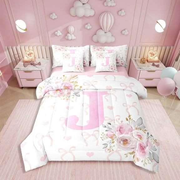 Erosebridal Floral Initial Letter J Bedding Sets Twin Size, Monogrammed Bedding Accessories, Anniversary Decor, Reversible