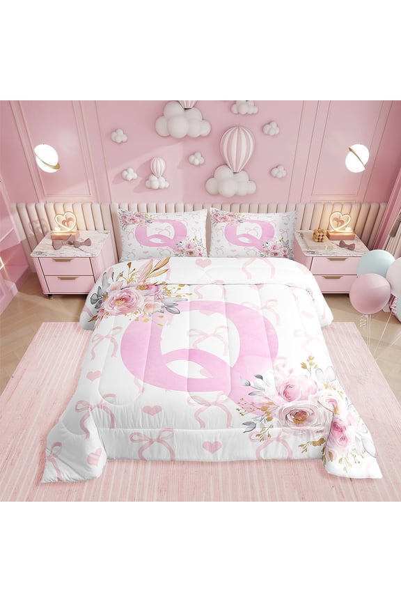 Floral Initial Letter Q Bedding Sets Twin with Comforter, Monogrammed Duvet Insert, Anniversary Decor, Reversible