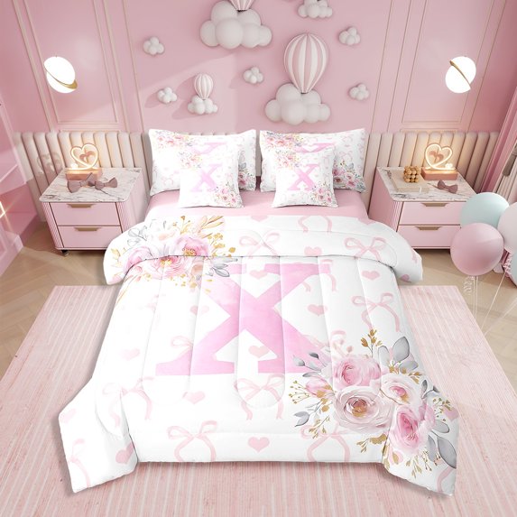 Erosebridal Floral Initial Letter X Bed in a Bag Queen size, Monogrammed Bed Set, Anniversary Decor, Reversible