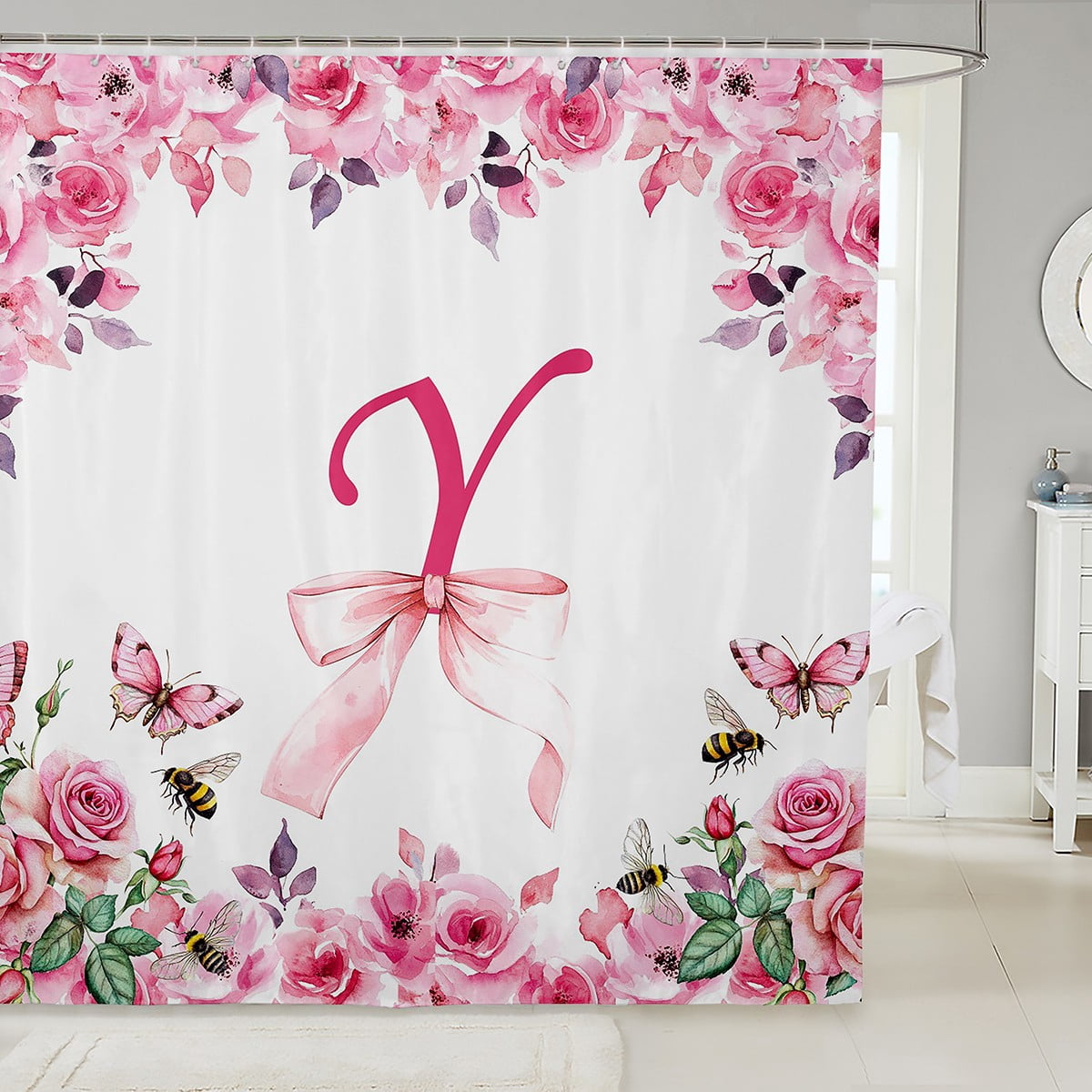 Erosebridal Floral Initial Letter Y Shower Curtain,78x72 inch Initial A ...