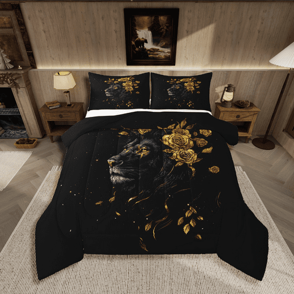 Erosebridal Floral Lion Comforter Sets Queen Size For Teens,Black Golden Bedding Queen Comforter Set,Safari Decor,Reversible,Ultra Soft,3-Piece