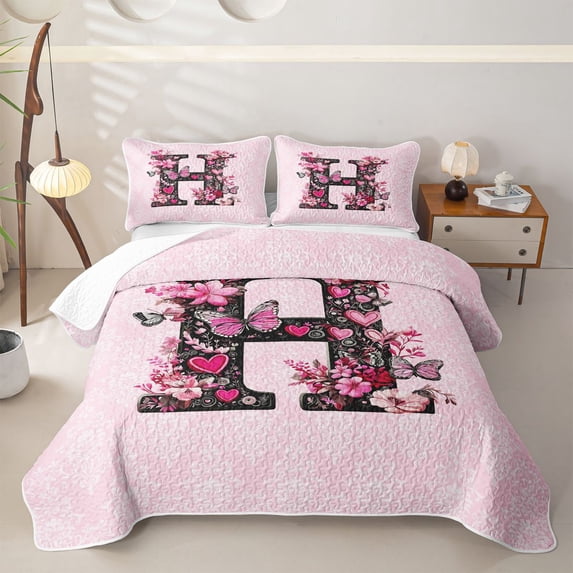 Erosebridal Floral Monogrammed H Twin Quilt Set, Pink Damask Twin Coverlet Set, 2-Piece