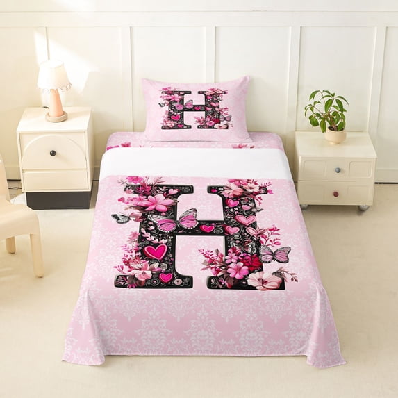 Erosebridal Floral Monogrammed H Twin Sheet Sets, Pink Damask Bedding, 3-Piece
