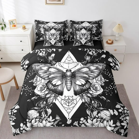 Erosebridal Floral Moth Bedding Sets Twin Size,Exotic Style Comforter Sets with Sheets,Gothic Bohemian Bed in a Bag Twin size,Super Cozy Flower Bedroom Decoration,Reversible,7pcs