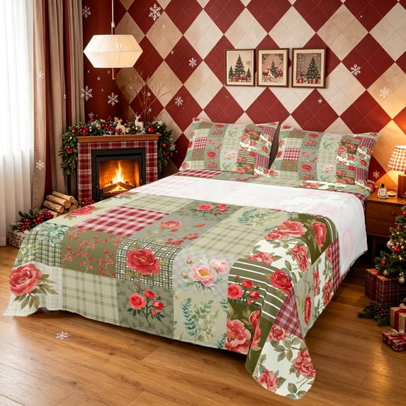 Erosebridal Floral Patchwork King Sheets, Rose Plaid Bedding, Tan Red, Christmas Reversible, 4 Pieces, 1 Flat Sheet, 1 Fitted Sheet and 2 Pillowcases