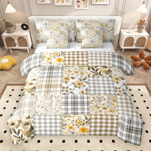 Erosebridal Floral Plaid Bedding Comforter Set for Girls, Orange Checkered King Bedding Sets, Reversible, 7 Pieces