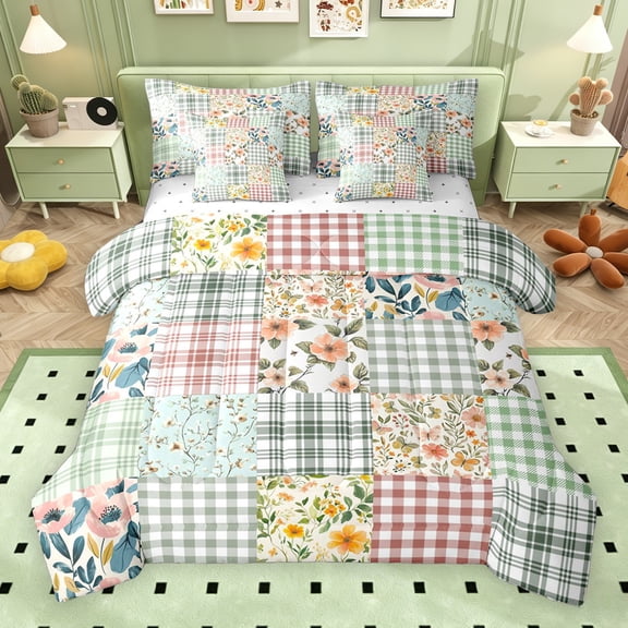 Erosebridal Floral Plaid Twin Bedding Sets for Girls, Green Checkered Bedding Comforter Set, Reversible, 7-Piece
