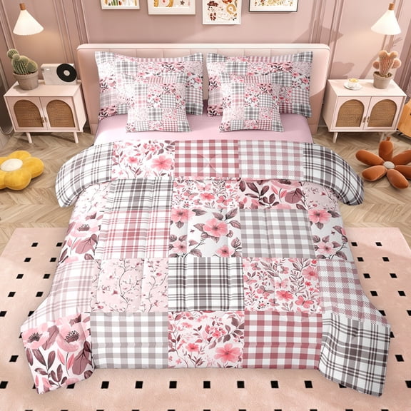 Erosebridal Floral Plaid Twin Bedding Sets for Girls, Pink Checkered Bedding Comforter Set, Pink Reversible, 7 Pieces