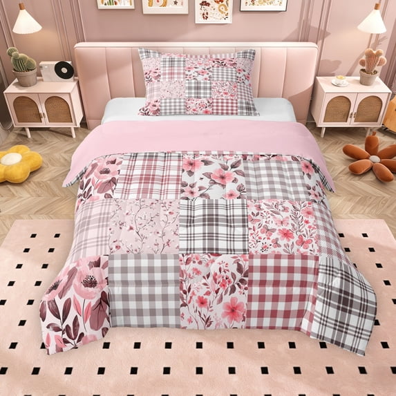 Erosebridal Floral Plaid Twin Comforter Sets for Girls, Pink Checkered Bedding Set, Pink Reversible, 2pcs