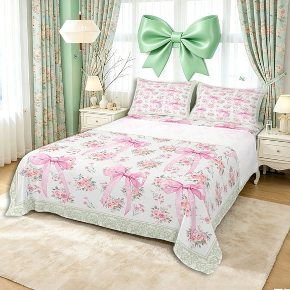 Erosebridal Floral Rose Bowknot Bed Sheets 4pcs for Teens Girls,Bohemian Damask King Sheets for Kids,Lightweight Room Decor