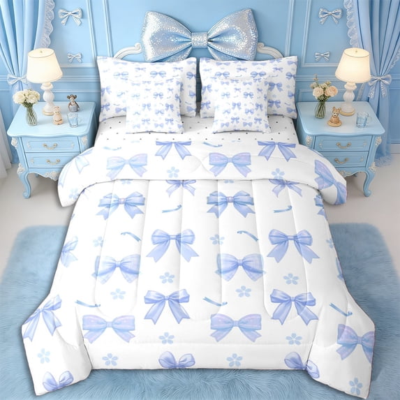 Erosebridal Floral Sakura Cute Bow Bedding Comforter Set 7pcs for Girls,Kids Teens Dreamy Flowers Bowtie Queen Bedding Sets,Super Cozy Room Decor