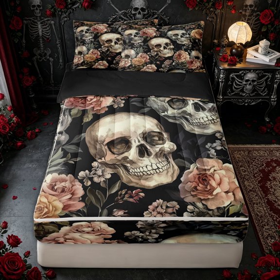 Erosebridal Floral Skull Watercolor Zipper Twin Comforter Sets with Fitted Sheet and 2 Pillowcases for Women Men, Black Rose Gothic Skeleton Zipper Bedding Set, Black Reversible, 4-Piece