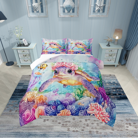Erosebridal Floral Turtle Bedding Twin Comforter Set,Underwater World Down Comforter,Sealife Decoration,Lightweight,2-Piece