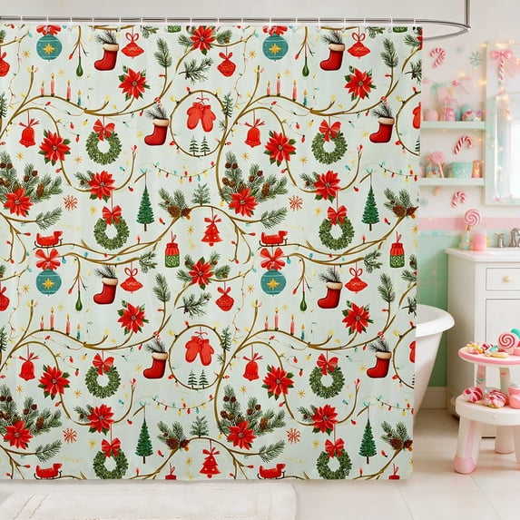 Manfei Floral Waterproof Shower Curtain 72Wx78L Christmas Bath Curtain, Cream Red
