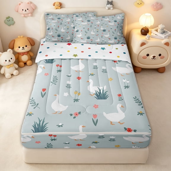 Erosebridal Floral White Duck Print Zipper Queen Comforter Set with Fitted Sheet and 2 Pillowcases for Girls Boys, Blue Kids Farm Goose Zipper Bedding Set, Polkadot Reversible, 4pcs