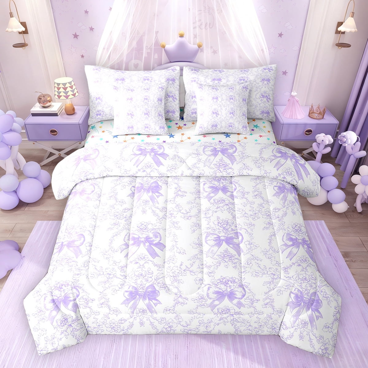 Erosebridal Flower Bow Bedding Comforter Set for Kids Girls, White ...