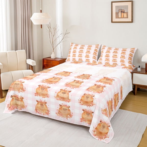 Erosebridal Flower Capybara Full Size Sheets for Kid, Buffalo Plaid Bed Sheets, 4pcs