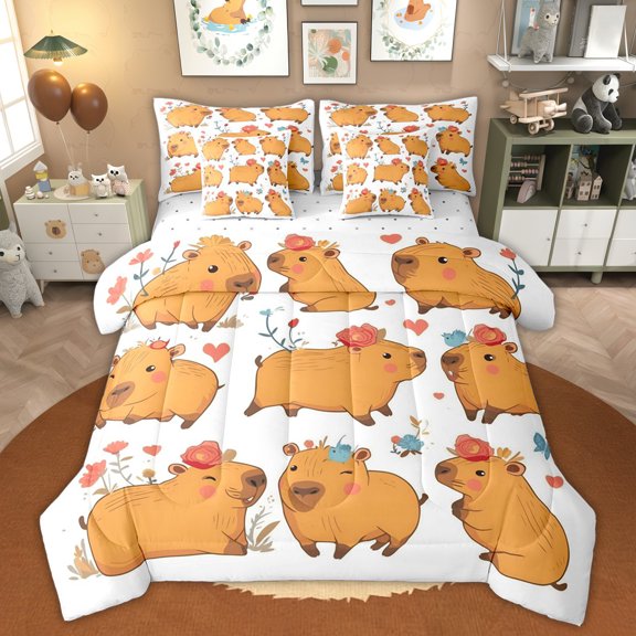 Erosebridal Flower Capybara Twin Bedding Sets for Kid, Cute Animal Bedding Comforter Set, 7pcs