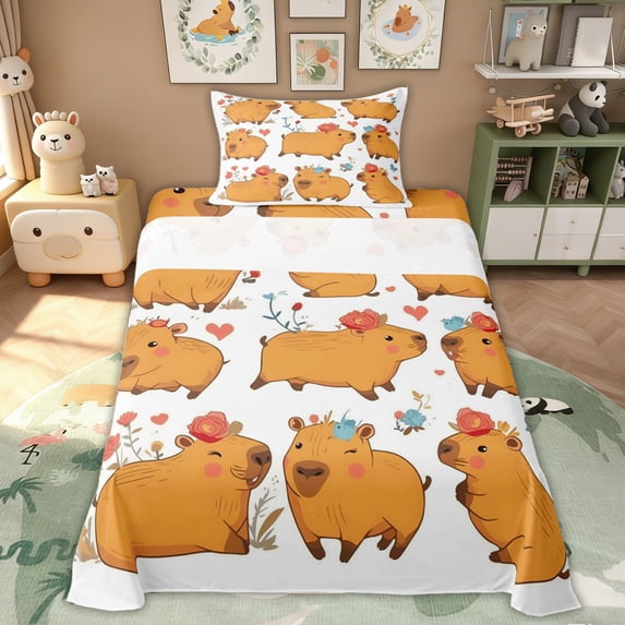 Erosebridal Flower Capybara Twin Sheet Sets for Kid, Cute Animal Bedding, 3pcs