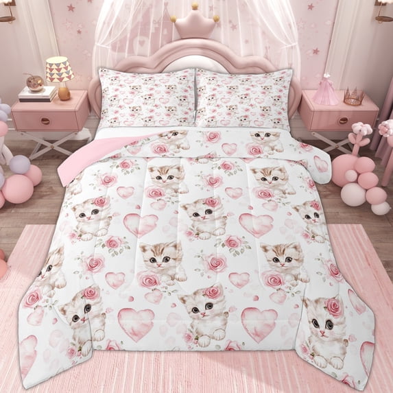 Erosebridal Flower Cat Kitten Full Size Comforter Sets, Pink Love Heart Bedding Sets, 3 Pieces