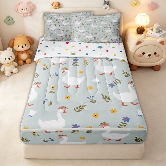 Erosebridal Flower Crown Duck Print Zipper Twin Comforter Sets with Fitted Sheet and 2 Pillowcases for Girls Boys, Sky Blue Cute Floral Goose Zipper Bedding Set, Polkadot Reversible, 4 Pieces