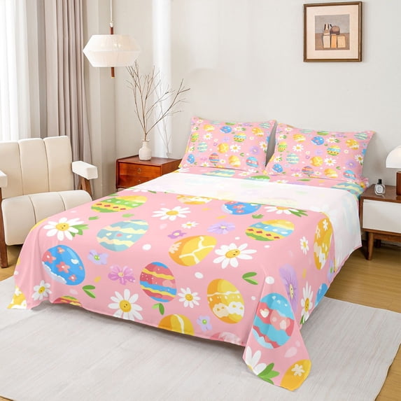 Erosebridal Flower Easter Eggs Kid Bed Sheets, Spring Groovy King Sheets, 4-Piece