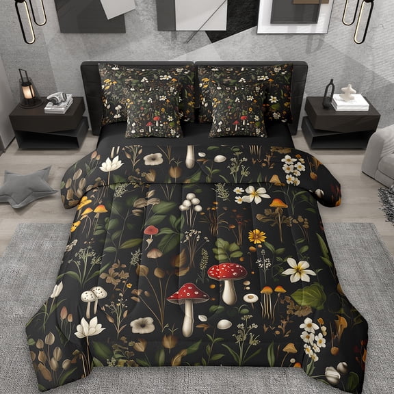 Erosebridal Flower Floral Bedding Queen Size,3D Cute Mushroom Comforter Sets with Sheets,Rainforest Plant Daisy Bedding Sets Queen Size,Super Cozy Room Decor Reversible,7pcs