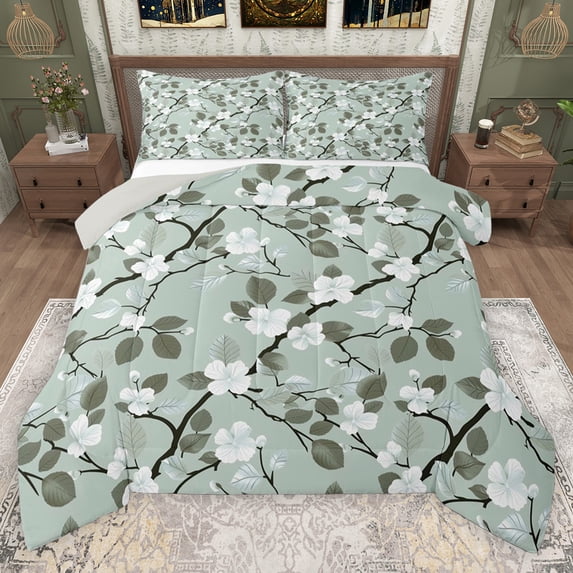 Erosebridal Flower Floral Queen Comforter Set for Girls, Green Bedding Comforter Set, Gray Reversible, 3pcs