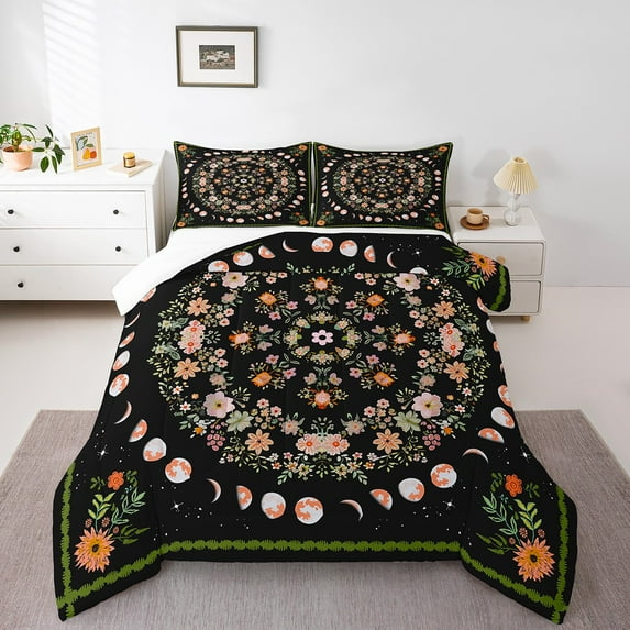 Erosebridal Flower Moon Comforter Sets Queen Size,Bohemian Hippie Bedding Queen Comforter Set,Boho Decor,3Pcs