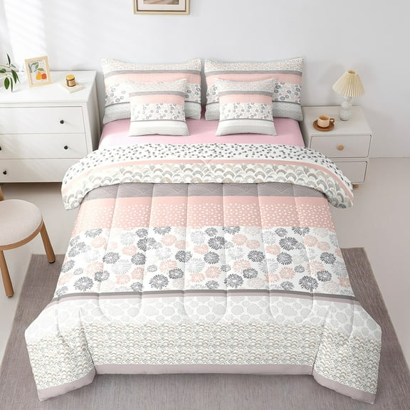Erosebridal Flower Print Bedding Sets Twin Size, Retro Tribal Comforter Sets with Sheets, Geometric Reversible Bedding Twin Size, Super Cozy Bedroom Decor, 7 Pieces