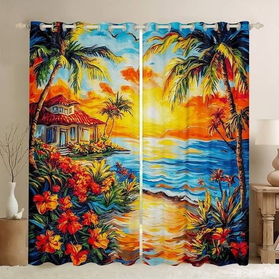 Erosebridal Flower Tropical Leaves Curtains Pack of 2 (52Wx63L),Hawaii Beach House 30%-50% Black Out Curtains,Summer Holiday Decor