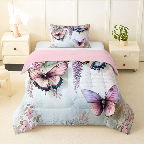 Erosebridal Flying Butterflies Twin Comforter Sets 3-Piece For Girls,Dreamy Vintage Flowers Bedding Set,Pink Reversible