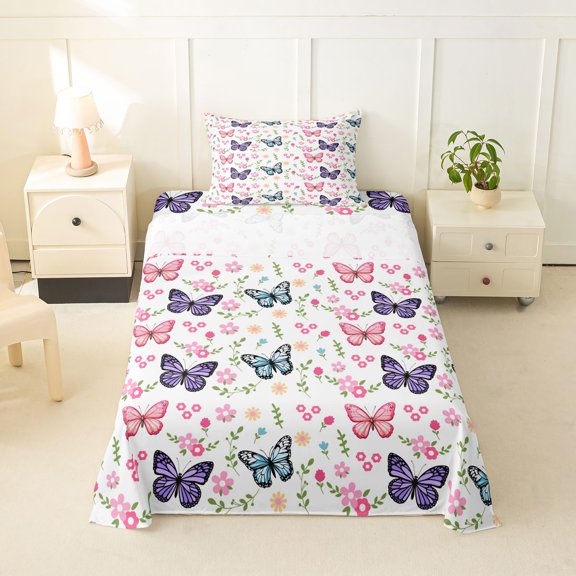 Erosebridal Flying Colorful Butterflies Twin Sheet Sets 3pcs For Girls,Spring Garden Flowers Bedding