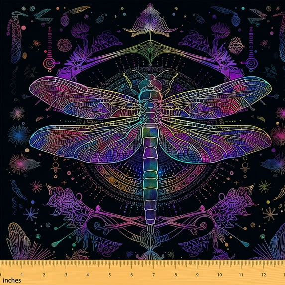 Erosebridal Flying Dragonfly Fabric By The Yard,Neon Dragonfly Upholstery Fabric,Tribal Wildlife Indoor Outdoor Fabric,Boho Dandelion Decorative Fabric,Purple Black,1 Yard