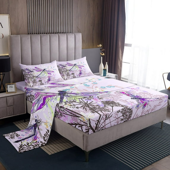 Erosebridal Flying Dragonfly Sheet Set Twin,Floral Flower Bedding Sets Twin Size,Mother'S Day Twin Sheet Sets,Lightweight Botanical Bedroom Decoration,3pcs
