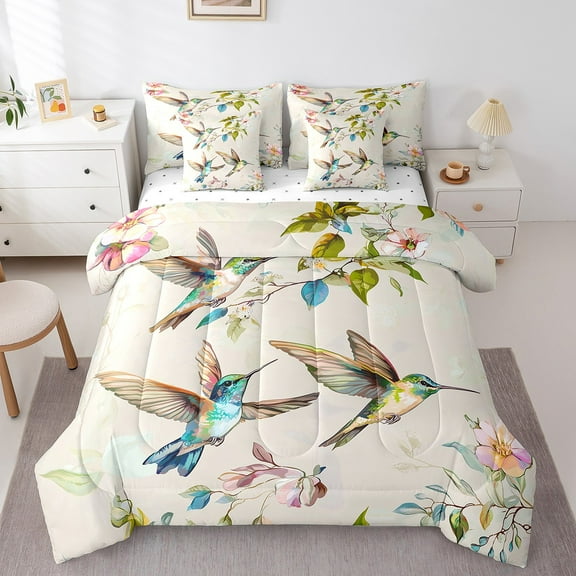 Erosebridal Flying Hummingbird Bedding Queen Size,Floral Flower Bedding Sets Queen Size,Animal Wildlife Comforter Sets with Sheets,Lightweight Teens Bedroom Decor,Reversible,7 Pieces