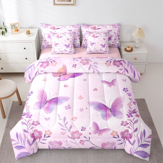 Erosebridal Flying Purple Butterflies Bedding Comforter Set 7 Pieces For Girls,Dreamy Floral Flowers Full Bedding Set,Pink Reversible