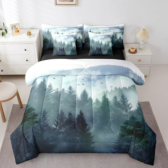 Erosebridal Foggy Pine Tree Bed in a Bag King Size,Tropical Jungle Plant Bed Set,Cyan Black Bedding King Size For Men Women,Microfiber Bedroom Decor Reversible,7 Pieces