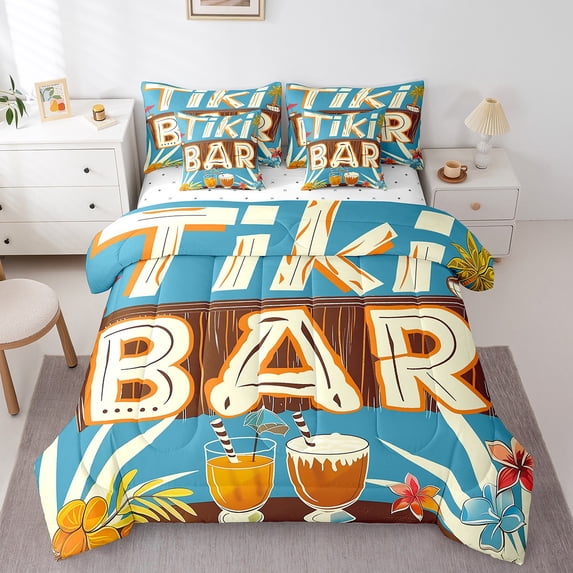 Erosebridal Folk Art Bedding Sets Queen Size, Bar Holiday Bedding Accessories, Tropical Floral Decor, Reversible 7-Piece