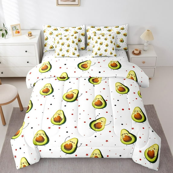 Erosebridal Food Avocado Bedding Sets Twin Size,Polka Dots Comforter Sets with Sheets,Cartoon Fruit Bed in a Bag Twin size,Lightweight Kawaii Bedroom Decorative,Reversible,7pcs