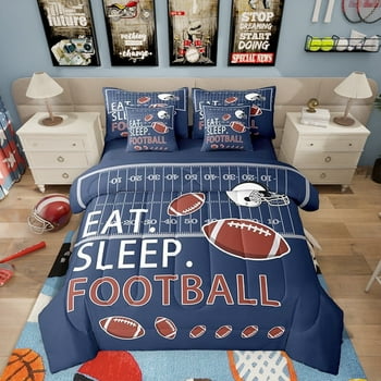 Erosebridal 7 Piece Football Bedding Set Queen Size Rugby Comforter Set with Sheets for Teens Kids Boys Navy Blue Bed in a Bag Ball Games Bed Set