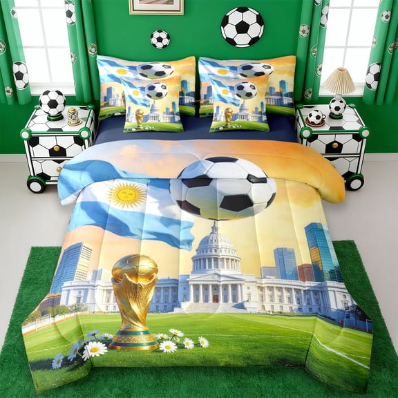Erosebridal Football 7pcs Bedding Comforter Set,Soccer Sport City Ball Games Kids Queen Bedding Sets,Reversible Navy