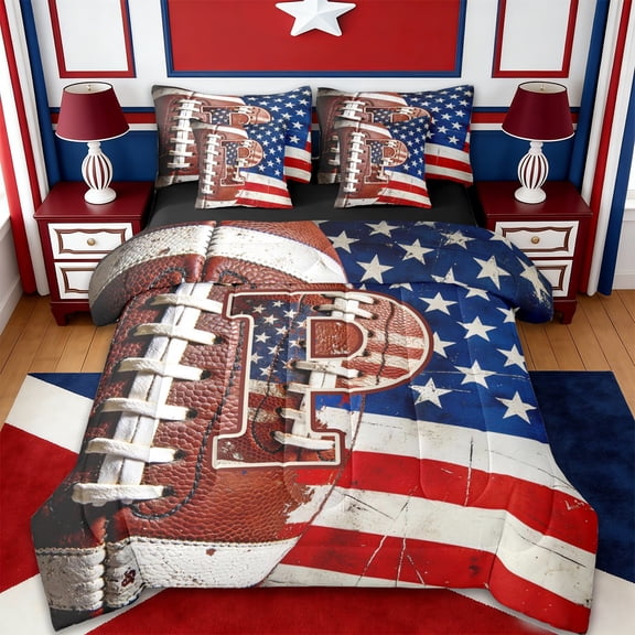 Erosebridal Football Ball Games Kids 7-Piece Twin Bedding Sets,Letter P Monogrammed Bedding Comforter Set For Boys Kids,Reversible black