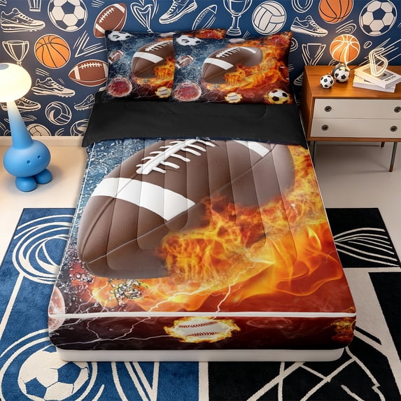Erosebridal Football Basketball Soccer Zipper Full Size Comforter Sets with Fitted Sheet and 2 Pillowcases,Ball Sport Flame Pattern Zipper Bedding Set,Brown Blue Orange,Black Reversible