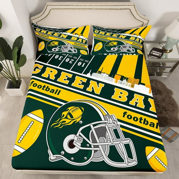 Erosebridal Football Bed Sheet Set Twin Size Green Bay Fitted Sheet American Football Gifts for Football Fans Women Men Football City Bedding Set Rugby Sports Bed Cover(No Top Sheet)