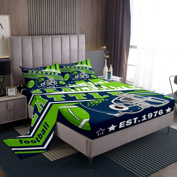 Erosebridal Football Bed Sheets Set Teens King Size Seattle Sheet Set American Football Gifts for Football Fans Women Men Football City Sheets with Deep Pocket Fitted Sheet