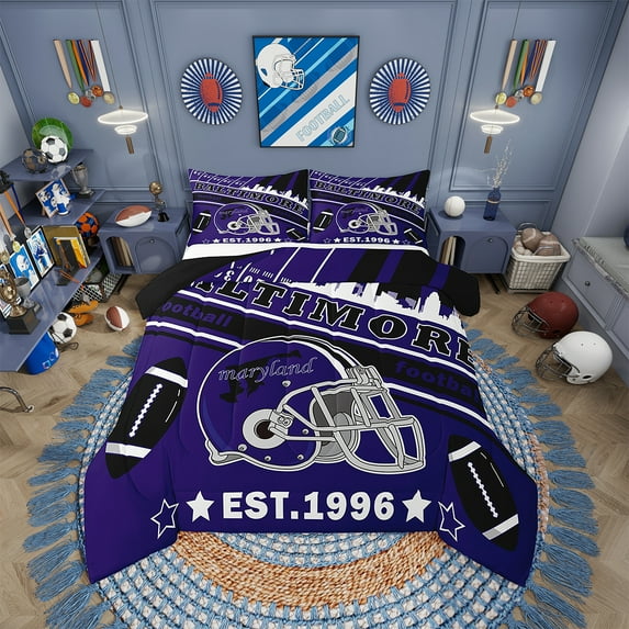 Erosebridal Football Bedding Set Baltimore Comforter Set American Football Gifts for Football Fans Women Men Football City Comforter Rugby Sports Duvet Set Bedroom Decor